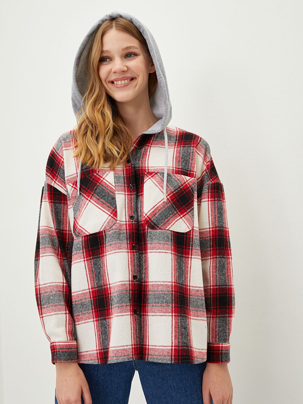 Hooded Plaid Long Sleeve Pocket Detailed Gabardine Women's Shirt Jacket
