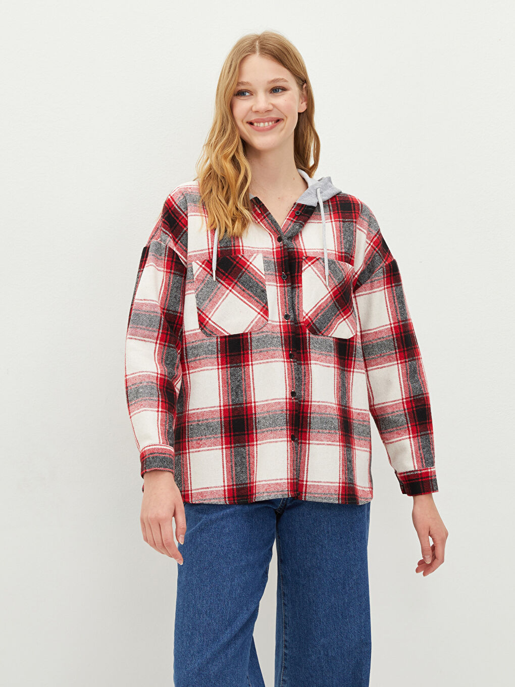 Hooded Plaid Long Sleeve Pocket Detailed Gabardine Women's Shirt Jacket-1