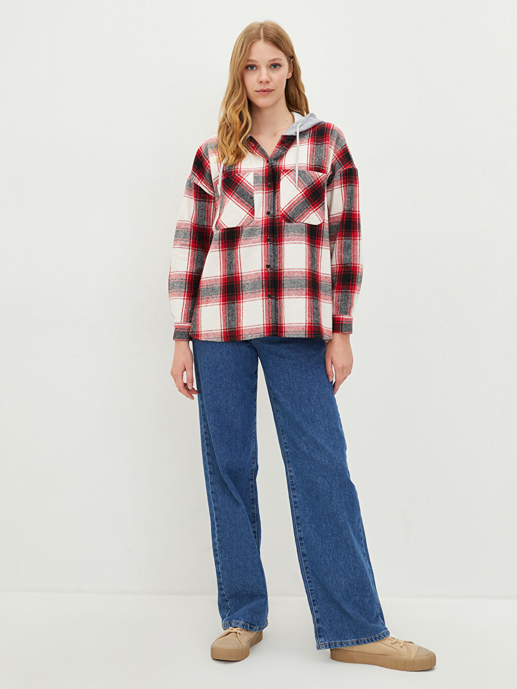 Hooded Plaid Long Sleeve Pocket Detailed Gabardine Women's Shirt Jacket-2