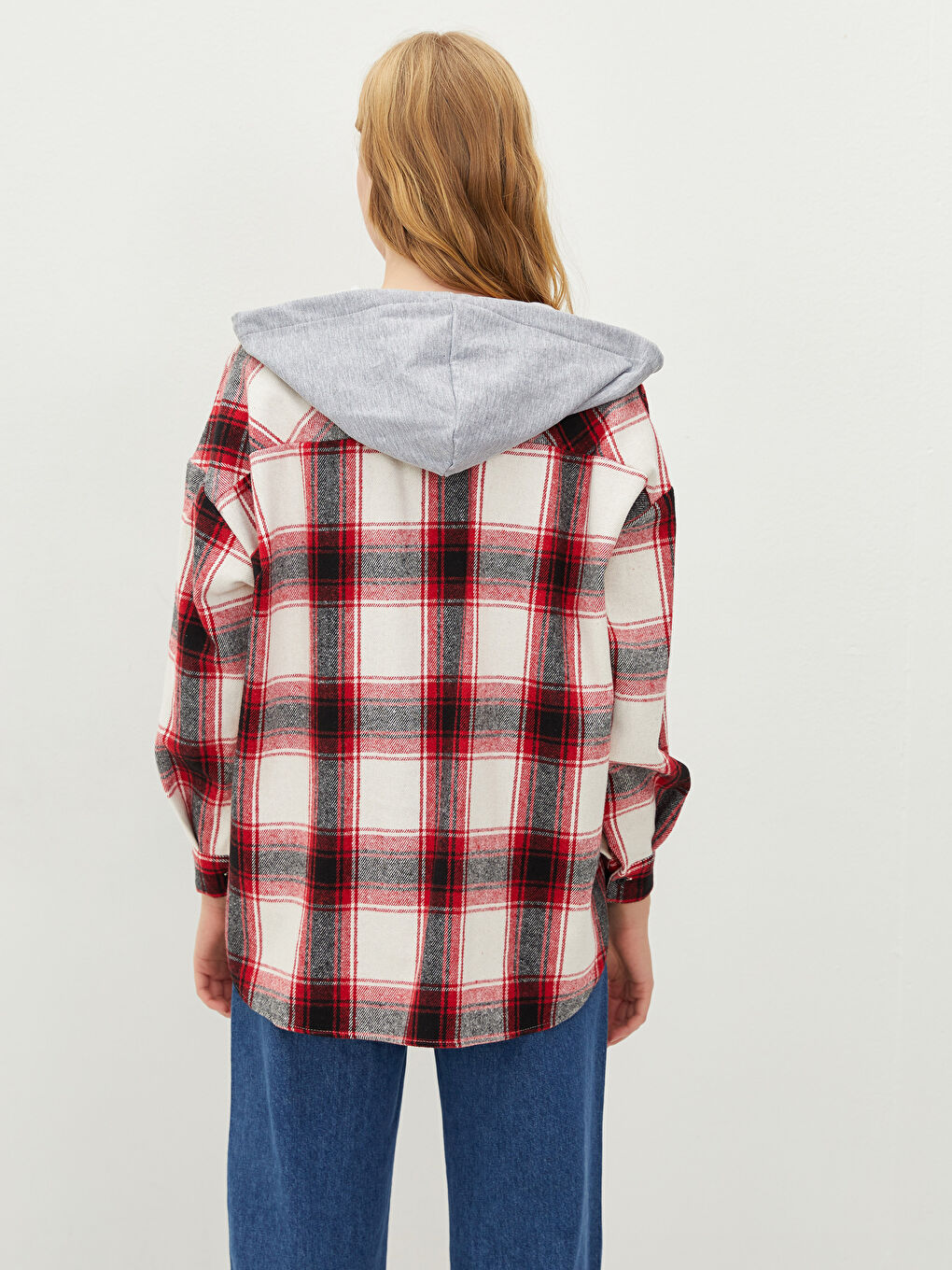 Hooded Plaid Long Sleeve Pocket Detailed Gabardine Women's Shirt Jacket-4