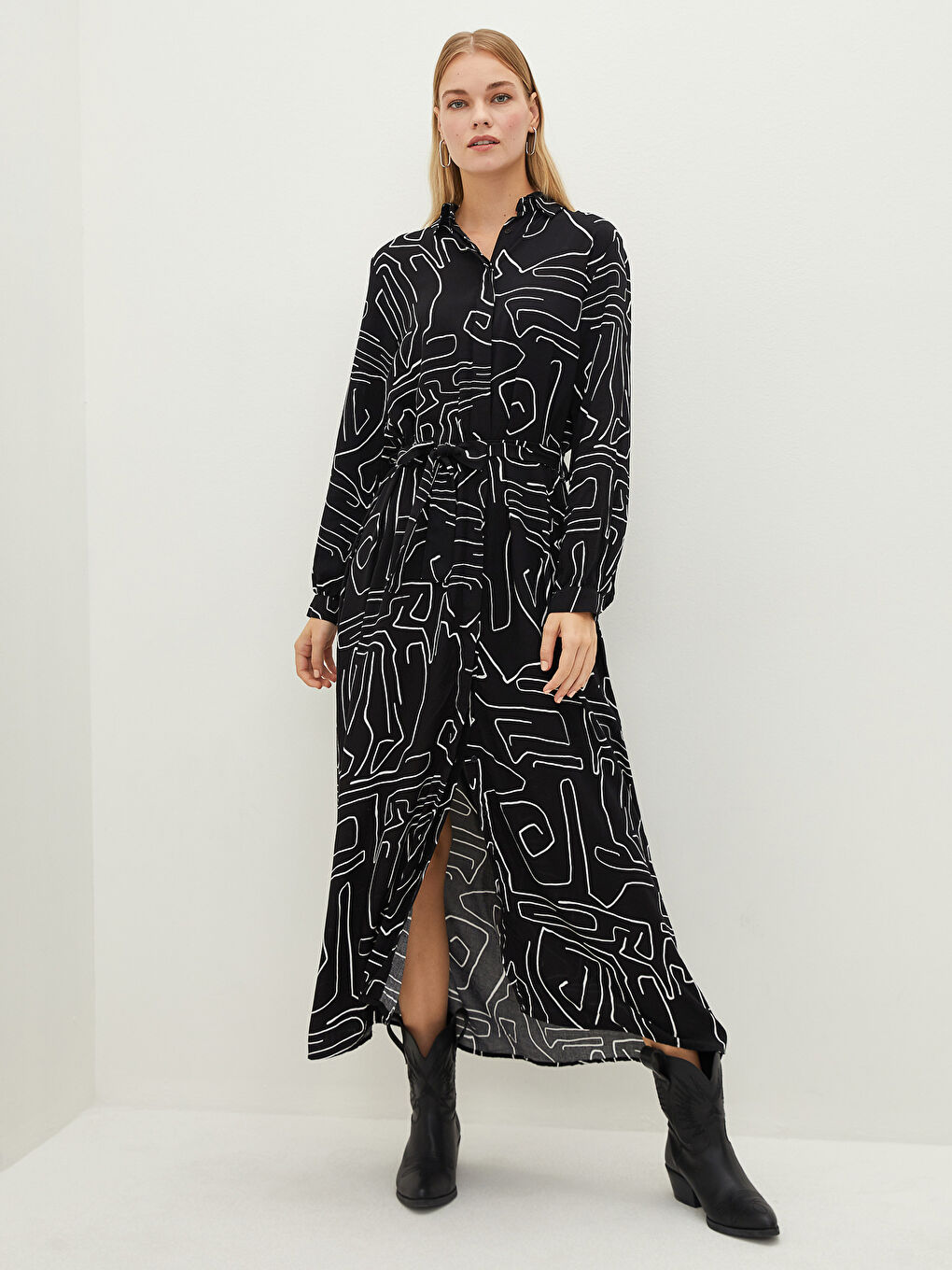 Φόρεμα Γυναικείο Μακρυμάνικο Με Γιακά Με Σχέδια Με Ζώνη Μέσης Από Βισκόζη-1