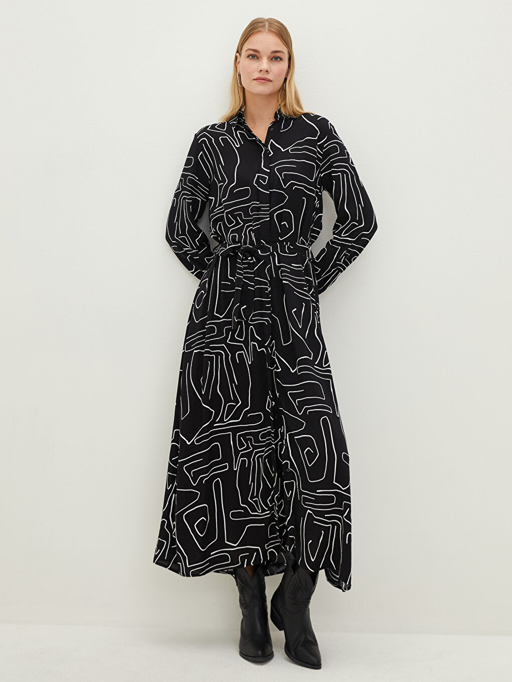 Φόρεμα Γυναικείο Μακρυμάνικο Με Γιακά Με Σχέδια Με Ζώνη Μέσης Από Βισκόζη-2