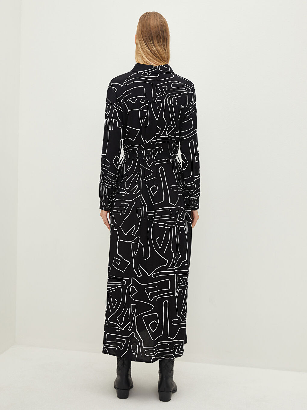 Φόρεμα Γυναικείο Μακρυμάνικο Με Γιακά Με Σχέδια Με Ζώνη Μέσης Από Βισκόζη-4