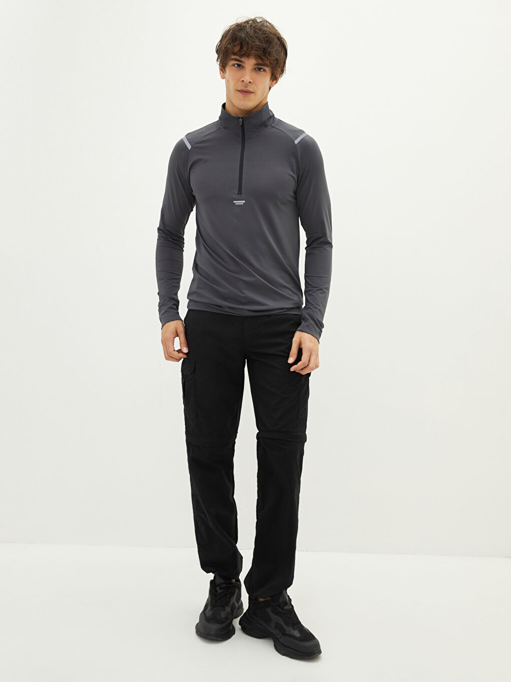 Antrasit Dik Yaka Uzun Kollu Erkek Spor Tişört-2