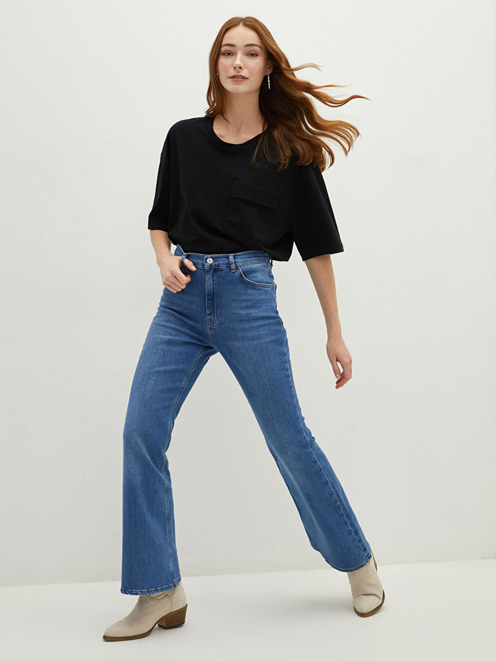 İndigo Standart Fit Cep Detaylı İspanyol Paça Kadın Rodeo Jean Pantolon-3