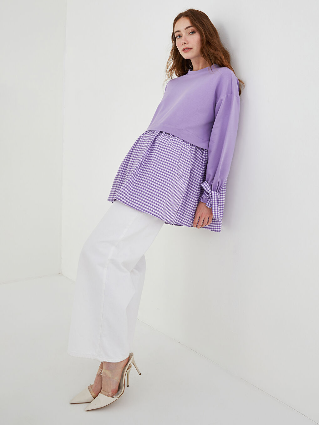 Lila Bisiklet Yaka Ekose Uzun Kollu Kadın Sweatshirt Tunik-2