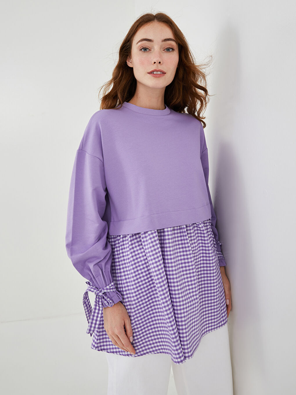 Lila Bisiklet Yaka Ekose Uzun Kollu Kadın Sweatshirt Tunik-3