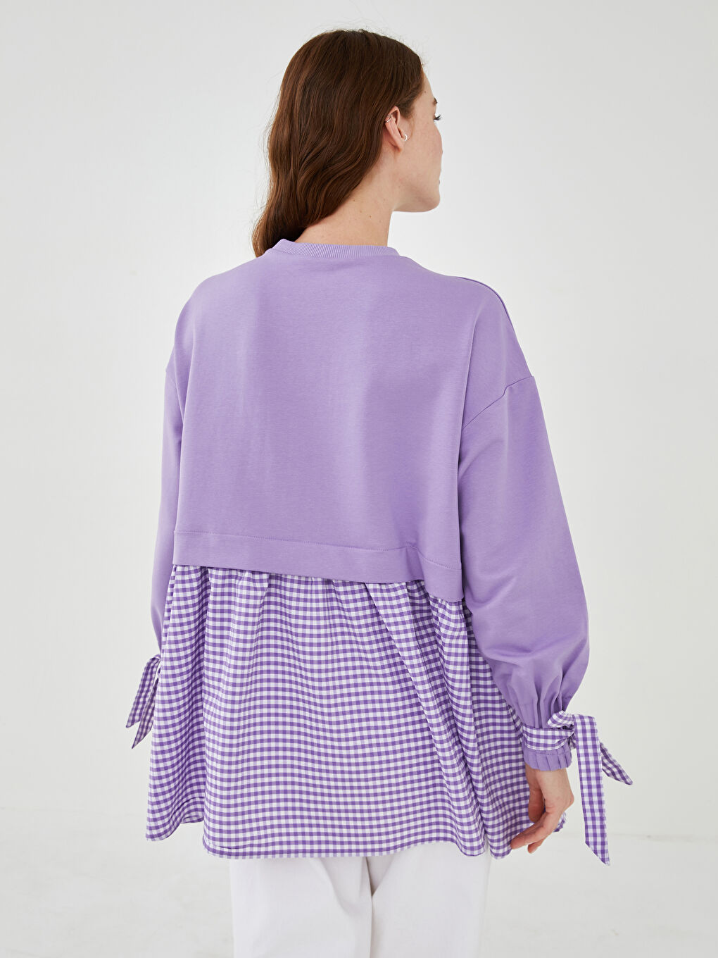 Lila Bisiklet Yaka Ekose Uzun Kollu Kadın Sweatshirt Tunik-5