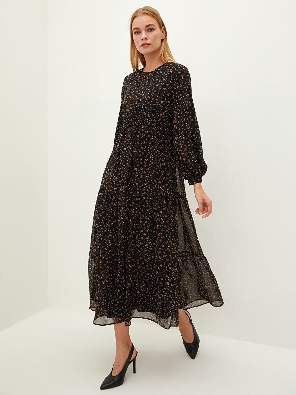 Kahverengi Bisiklet Yaka Çiçekli Uzun Kollu Kadın Şifon Elbise