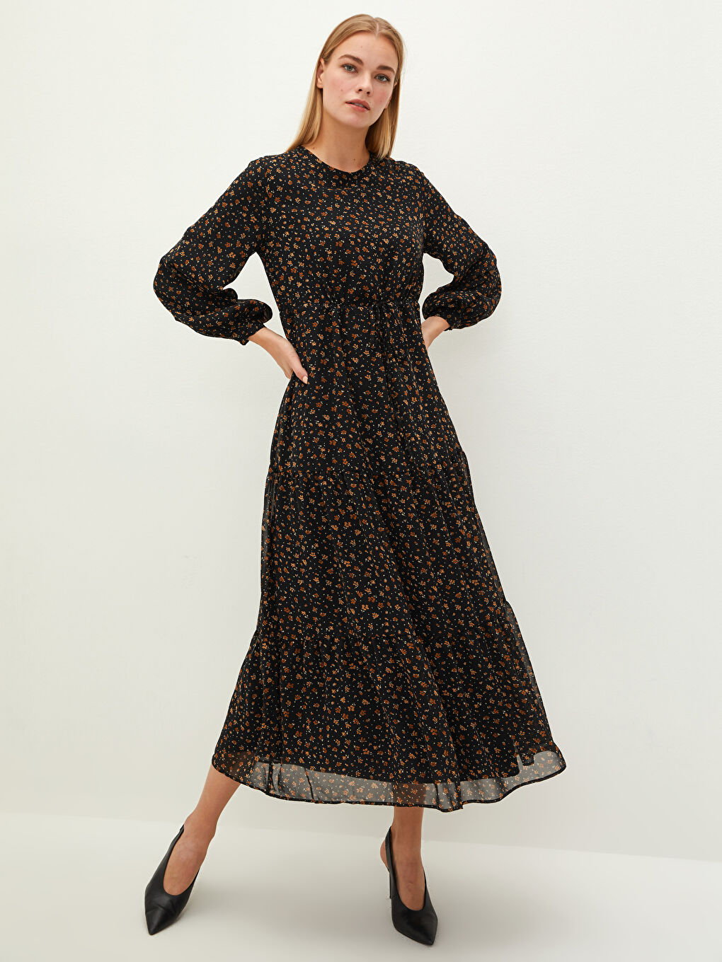 Kahverengi Bisiklet Yaka Çiçekli Uzun Kollu Kadın Şifon Elbise-1