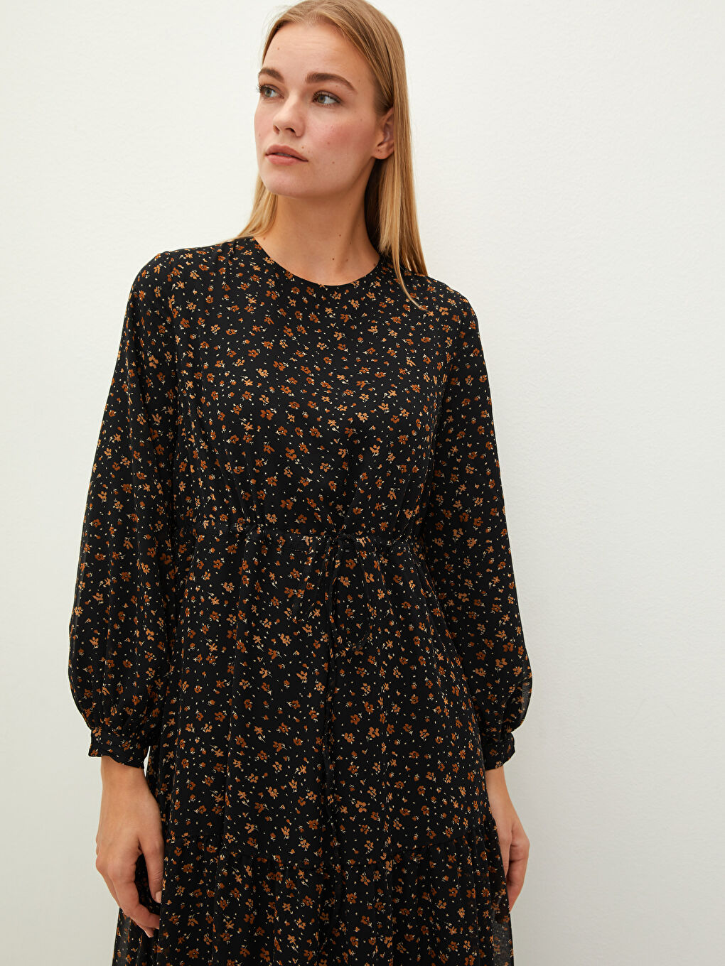 Kahverengi Bisiklet Yaka Çiçekli Uzun Kollu Kadın Şifon Elbise-2