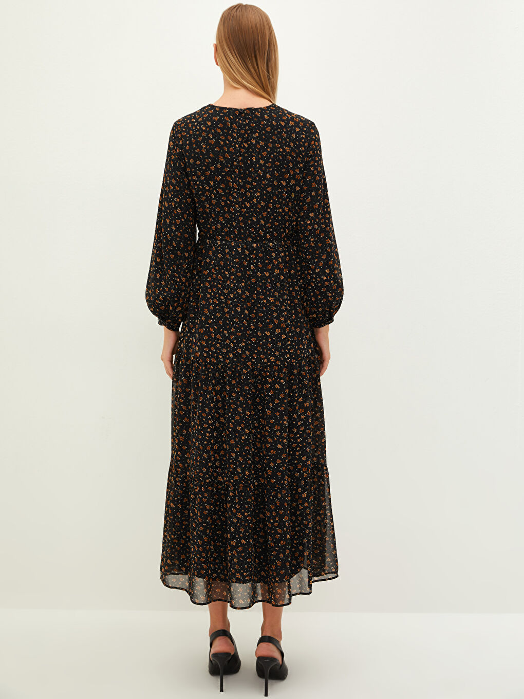 Kahverengi Bisiklet Yaka Çiçekli Uzun Kollu Kadın Şifon Elbise-4