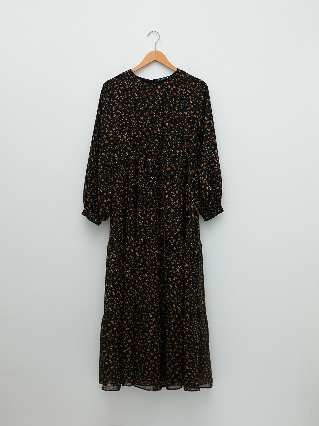 Kahverengi Bisiklet Yaka Çiçekli Uzun Kollu Kadın Şifon Elbise-5