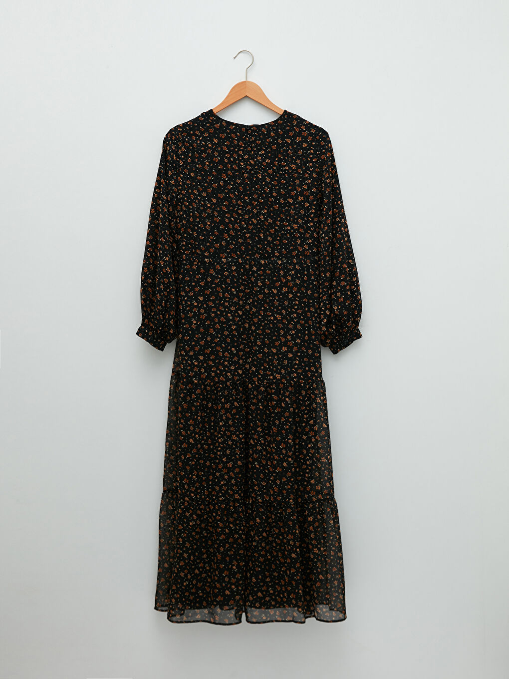 Kahverengi Bisiklet Yaka Çiçekli Uzun Kollu Kadın Şifon Elbise-6