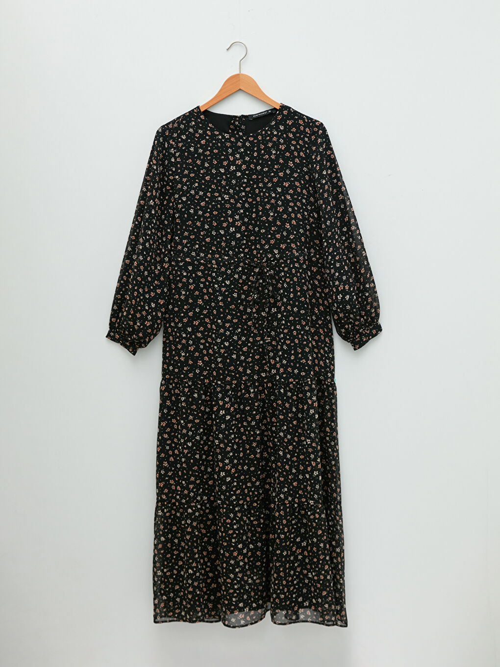 Pembe Bisiklet Yaka Çiçekli Uzun Kollu Kadın Şifon Elbise-4