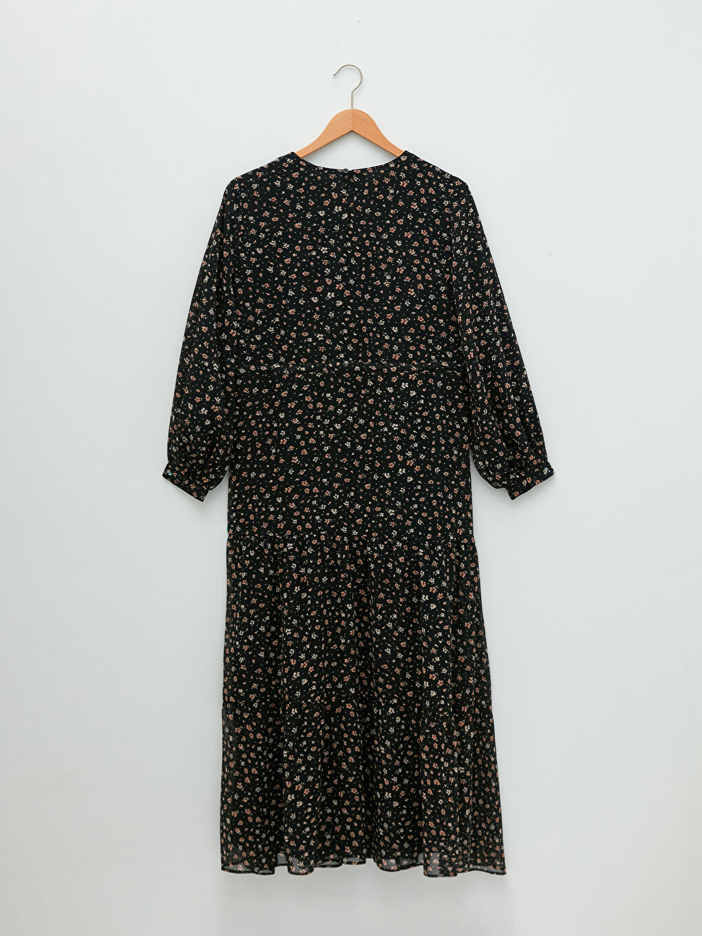 Pembe Bisiklet Yaka Çiçekli Uzun Kollu Kadın Şifon Elbise-5