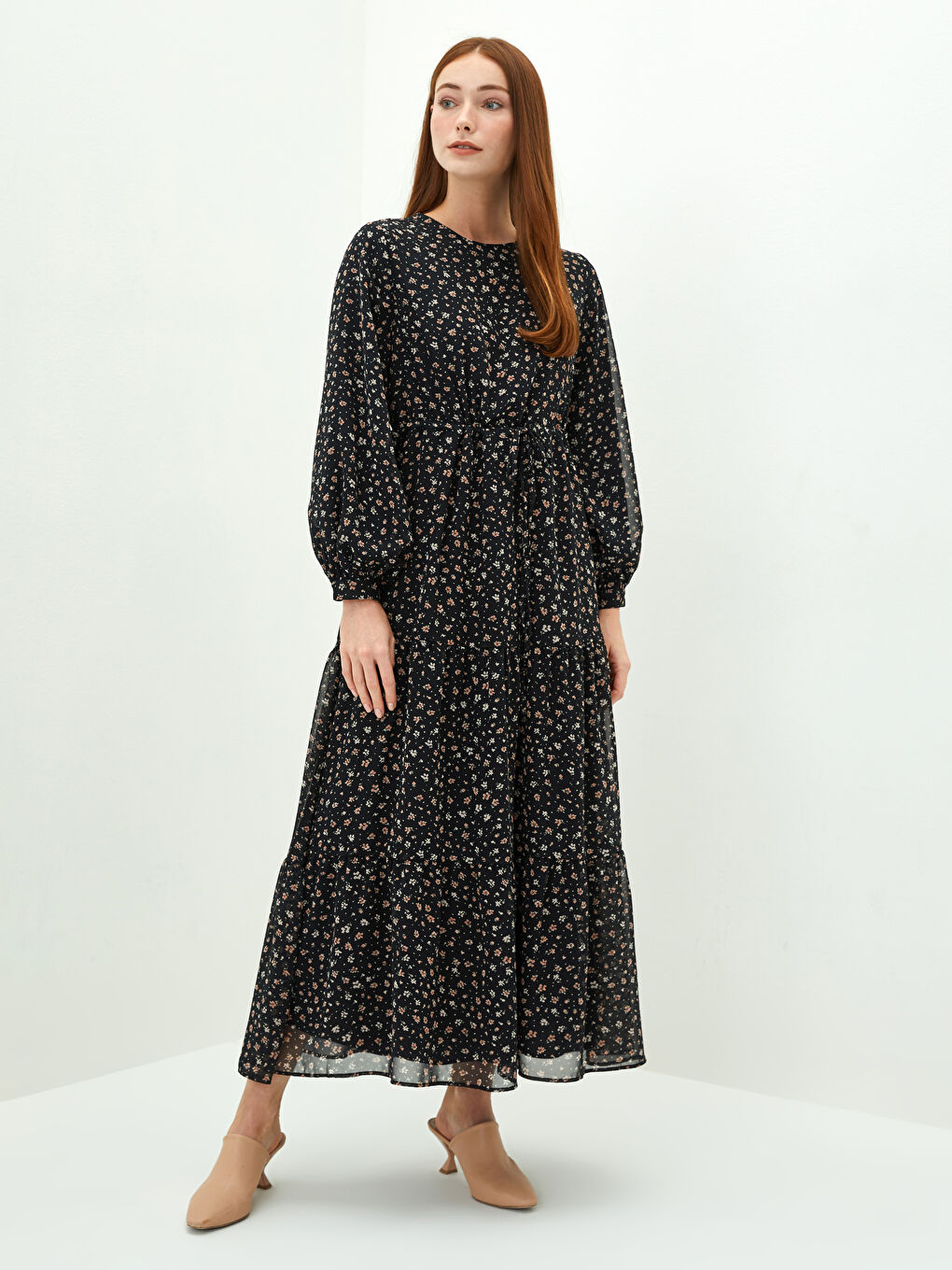 Pembe Bisiklet Yaka Çiçekli Uzun Kollu Kadın Şifon Elbise