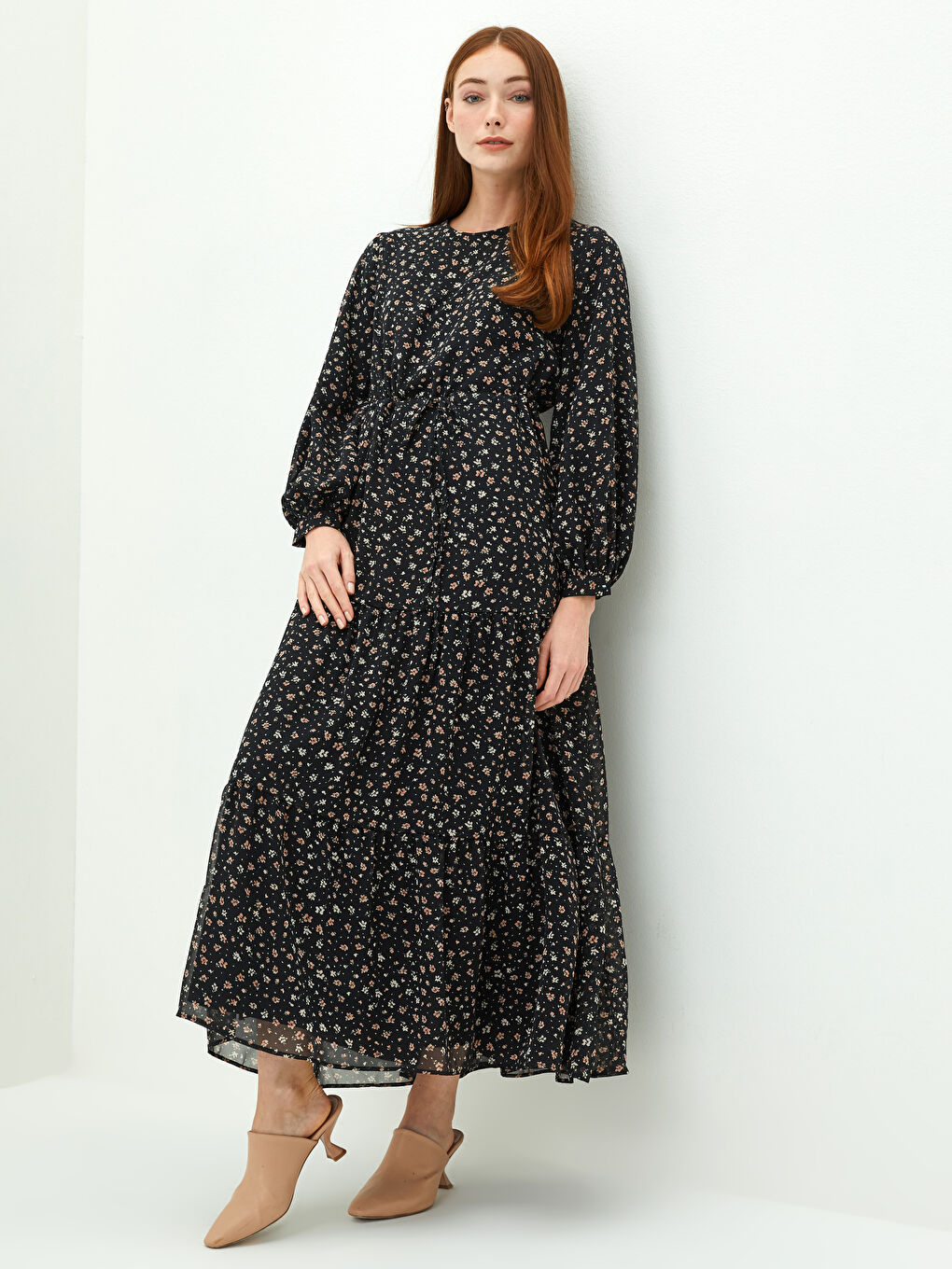 Pembe Bisiklet Yaka Çiçekli Uzun Kollu Kadın Şifon Elbise-1