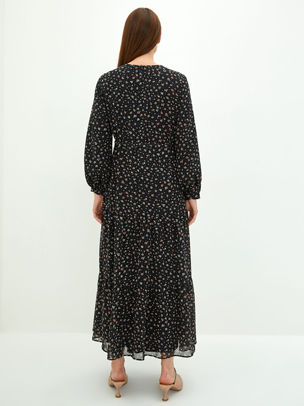 Pembe Bisiklet Yaka Çiçekli Uzun Kollu Kadın Şifon Elbise-3