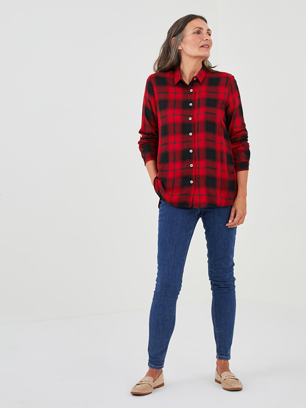 Front Button Closure Long Sleeve Plaid Viscose Women's Shirt-3