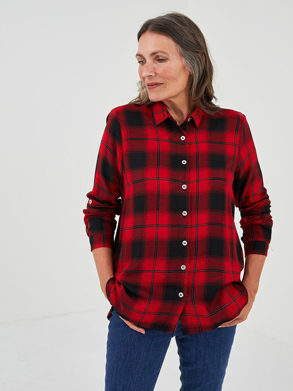 Front Button Closure Long Sleeve Plaid Viscose Women's Shirt