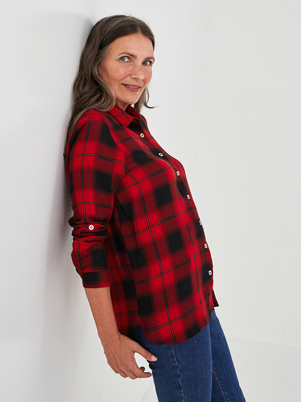 Front Button Closure Long Sleeve Plaid Viscose Women's Shirt-1