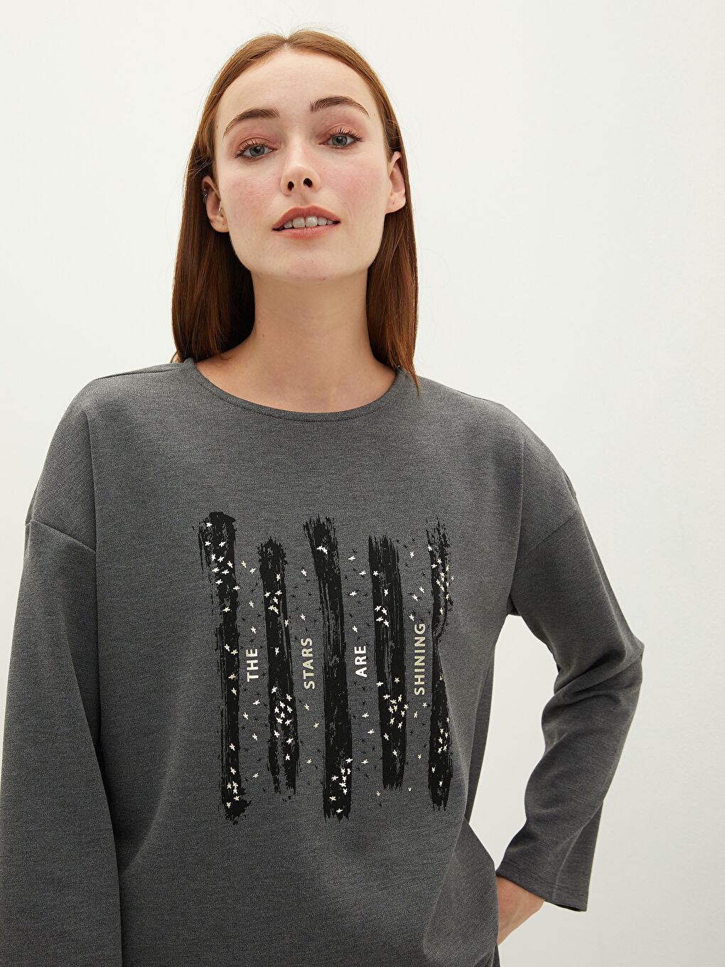 Antrasit Bisiklet Yaka Baskılı Uzun Kollu Kadın Tunik