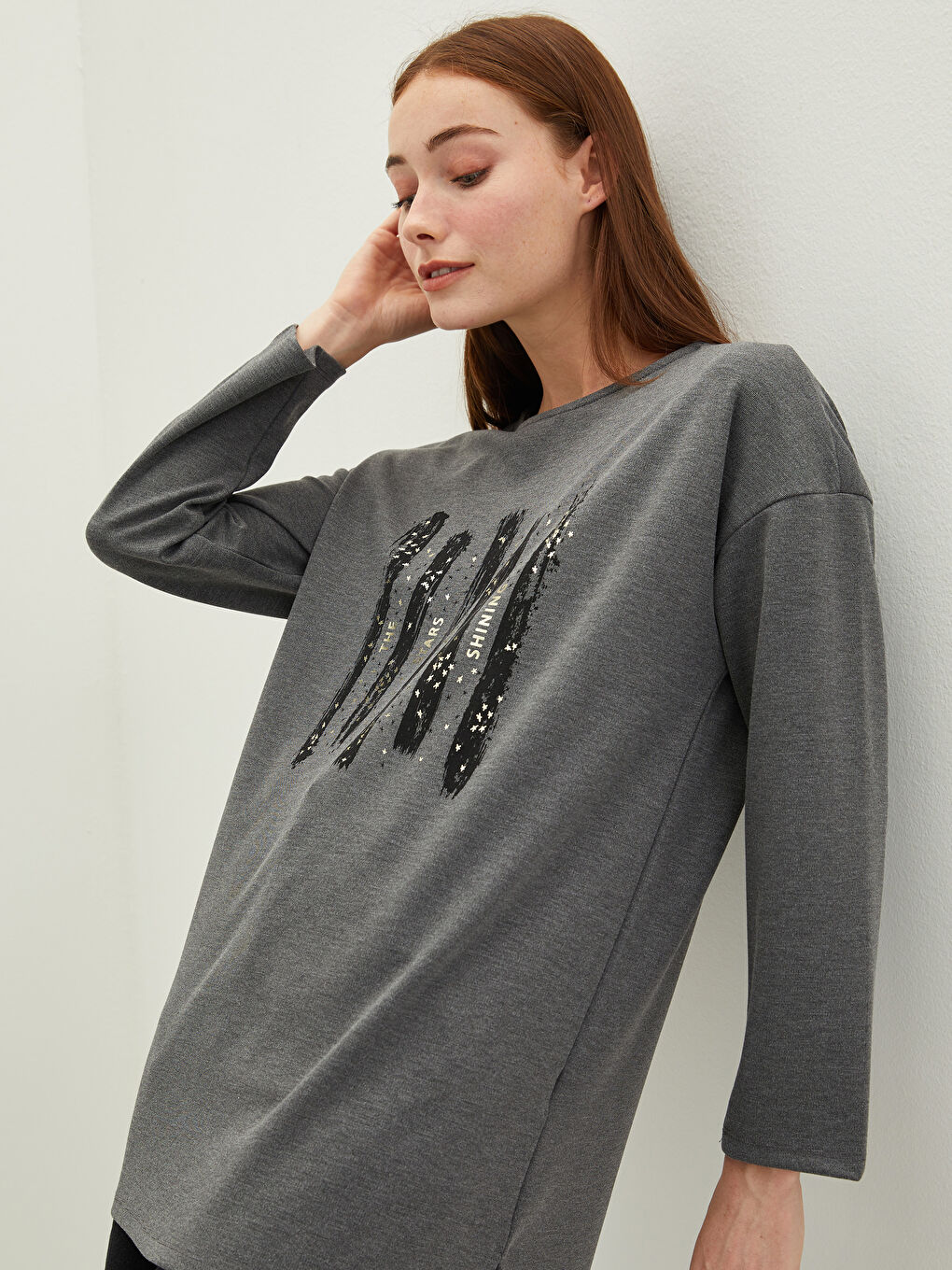 Antrasit Bisiklet Yaka Baskılı Uzun Kollu Kadın Tunik-1