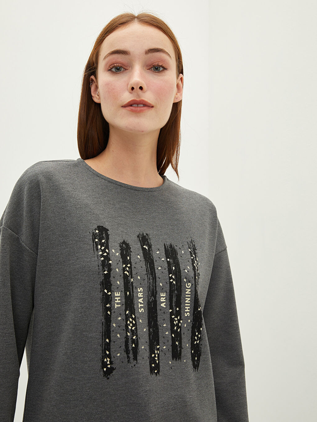 Antrasit Bisiklet Yaka Baskılı Uzun Kollu Kadın Tunik-2