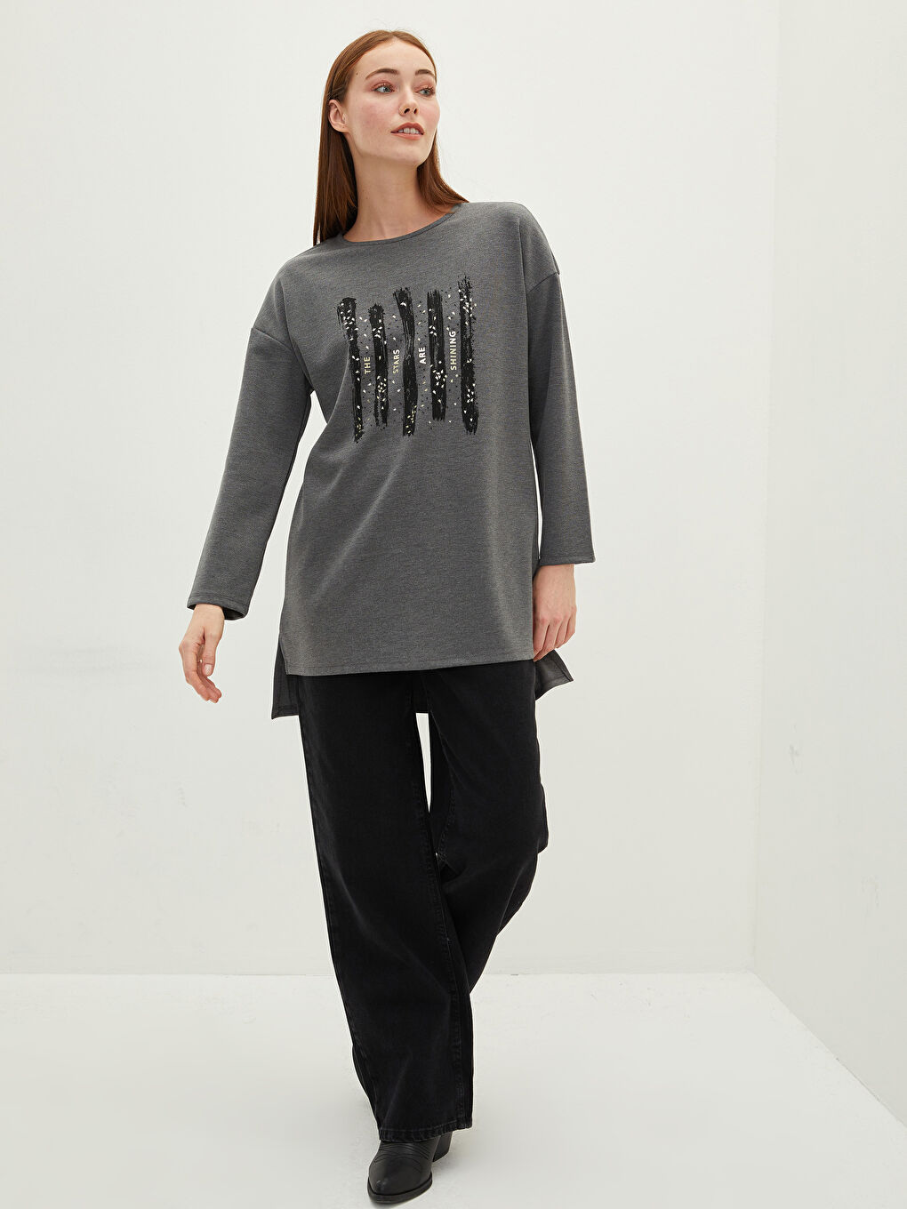 Antrasit Bisiklet Yaka Baskılı Uzun Kollu Kadın Tunik-3