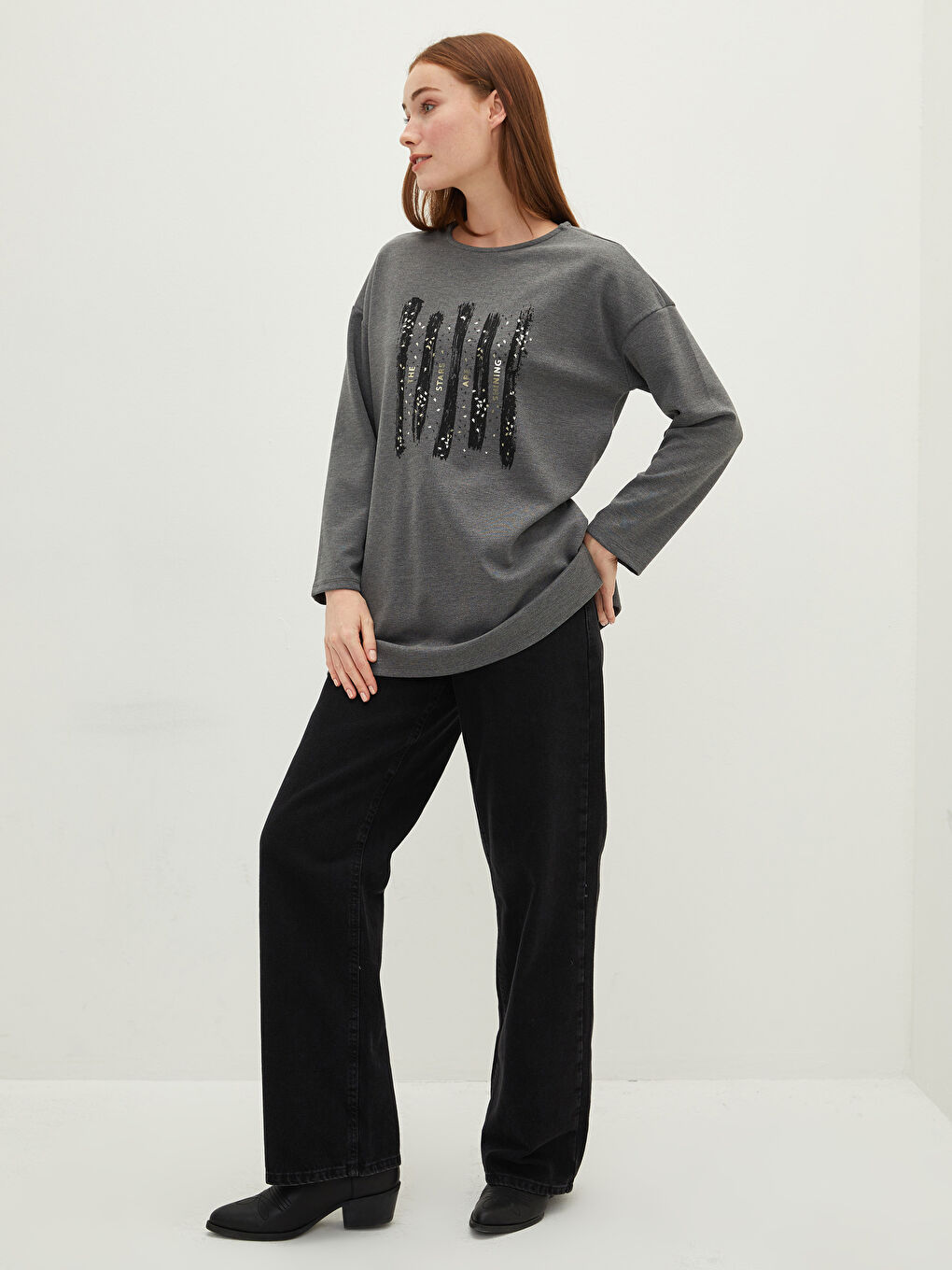 Antrasit Bisiklet Yaka Baskılı Uzun Kollu Kadın Tunik-4