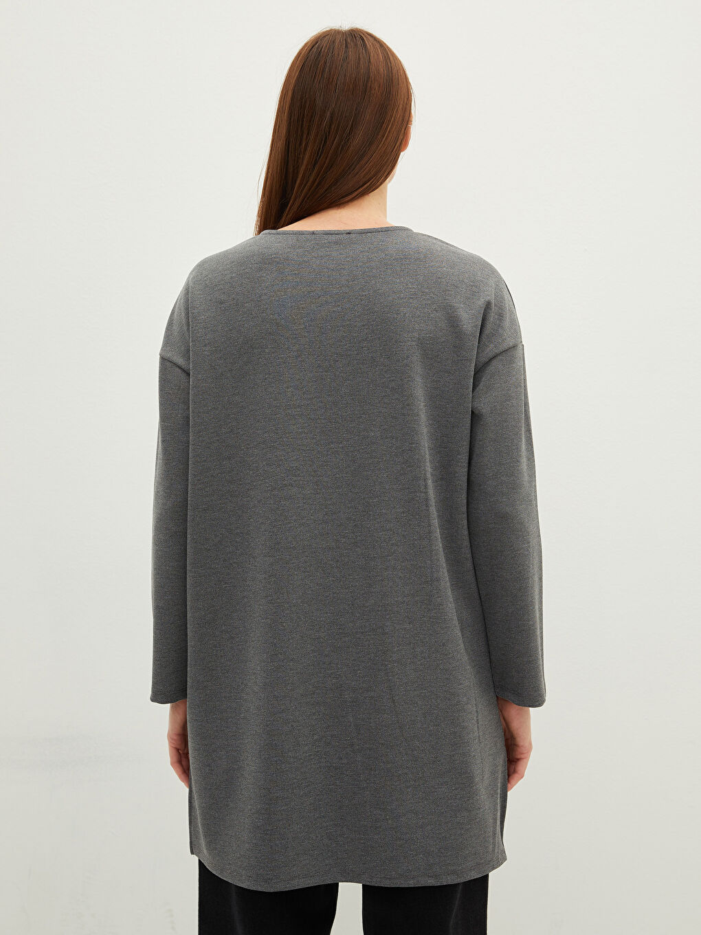 Antrasit Bisiklet Yaka Baskılı Uzun Kollu Kadın Tunik-5