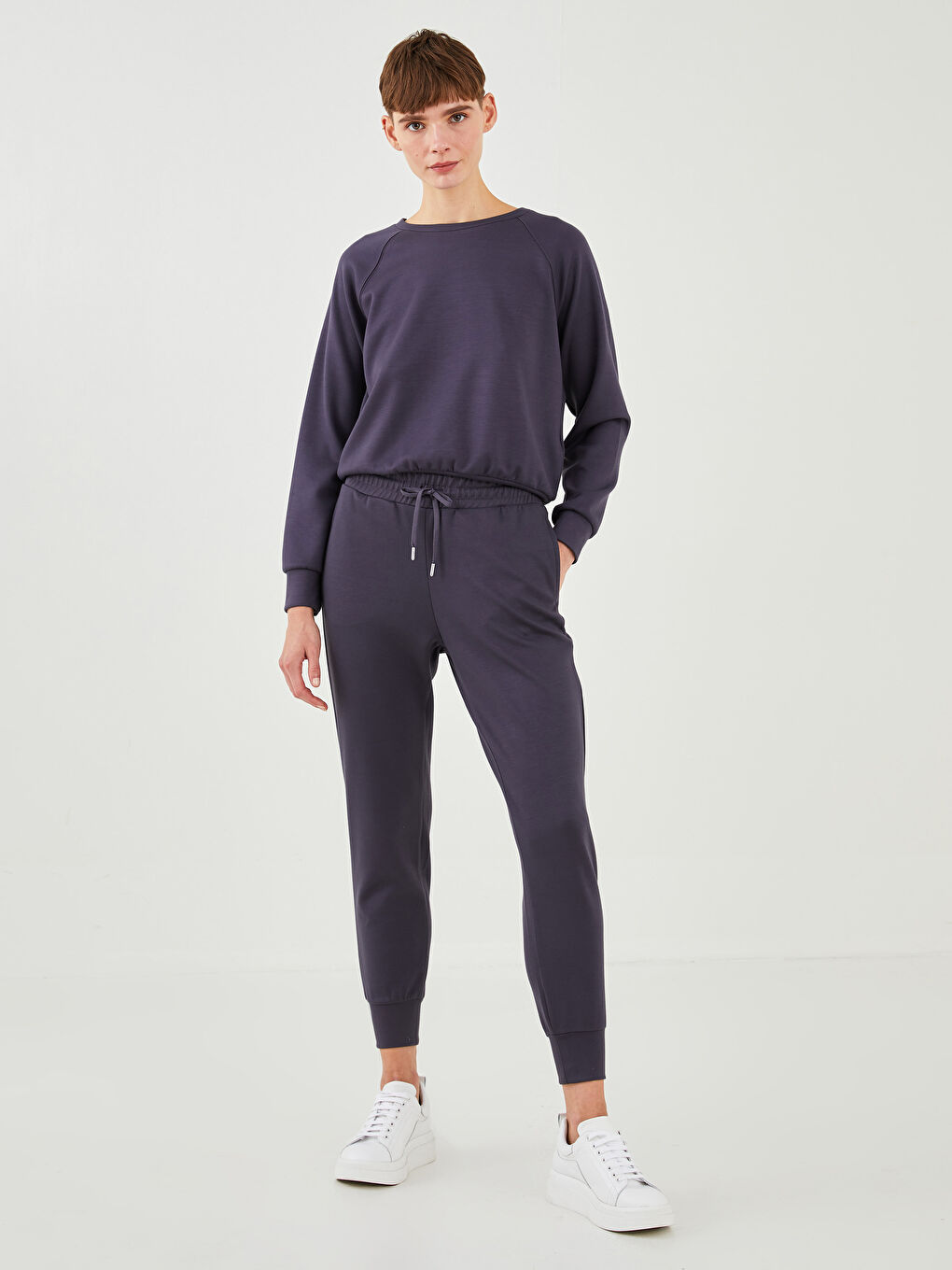 Antrasit Beli Lastikli Düz Cep Detaylı Kadın Jogger Eşofman Altı-1