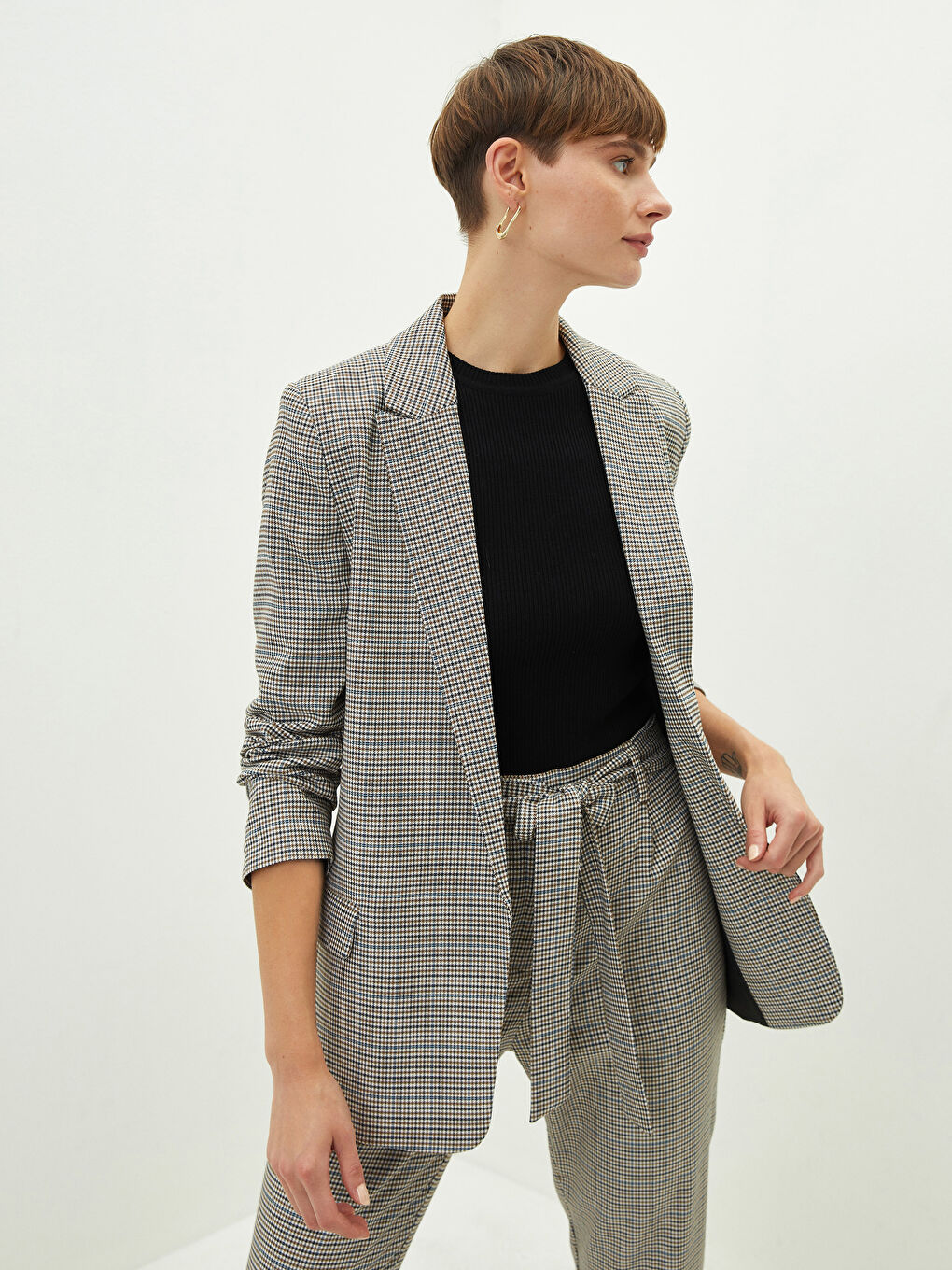 Siyah Ekose Kadın Blazer Ceket-3