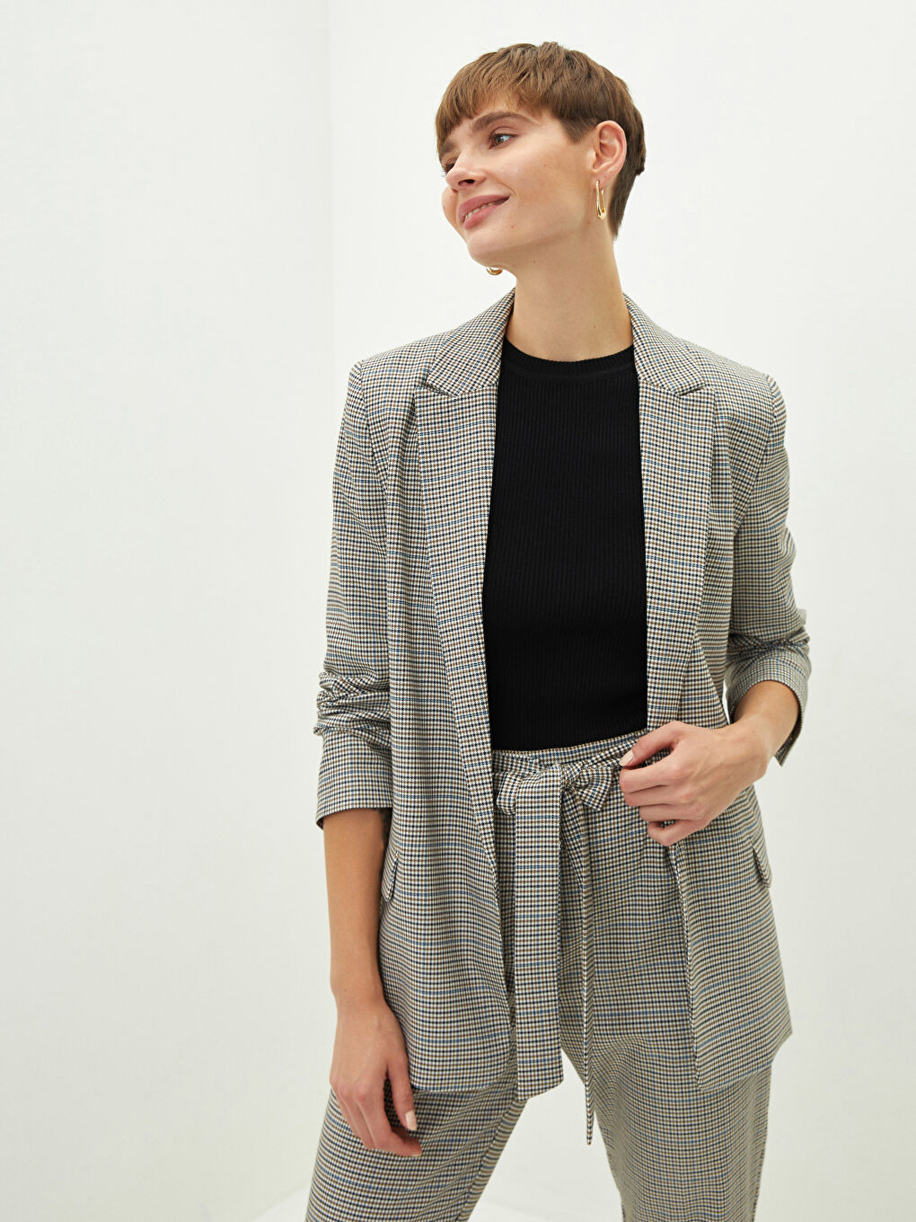 Siyah Ekose Kadın Blazer Ceket-4