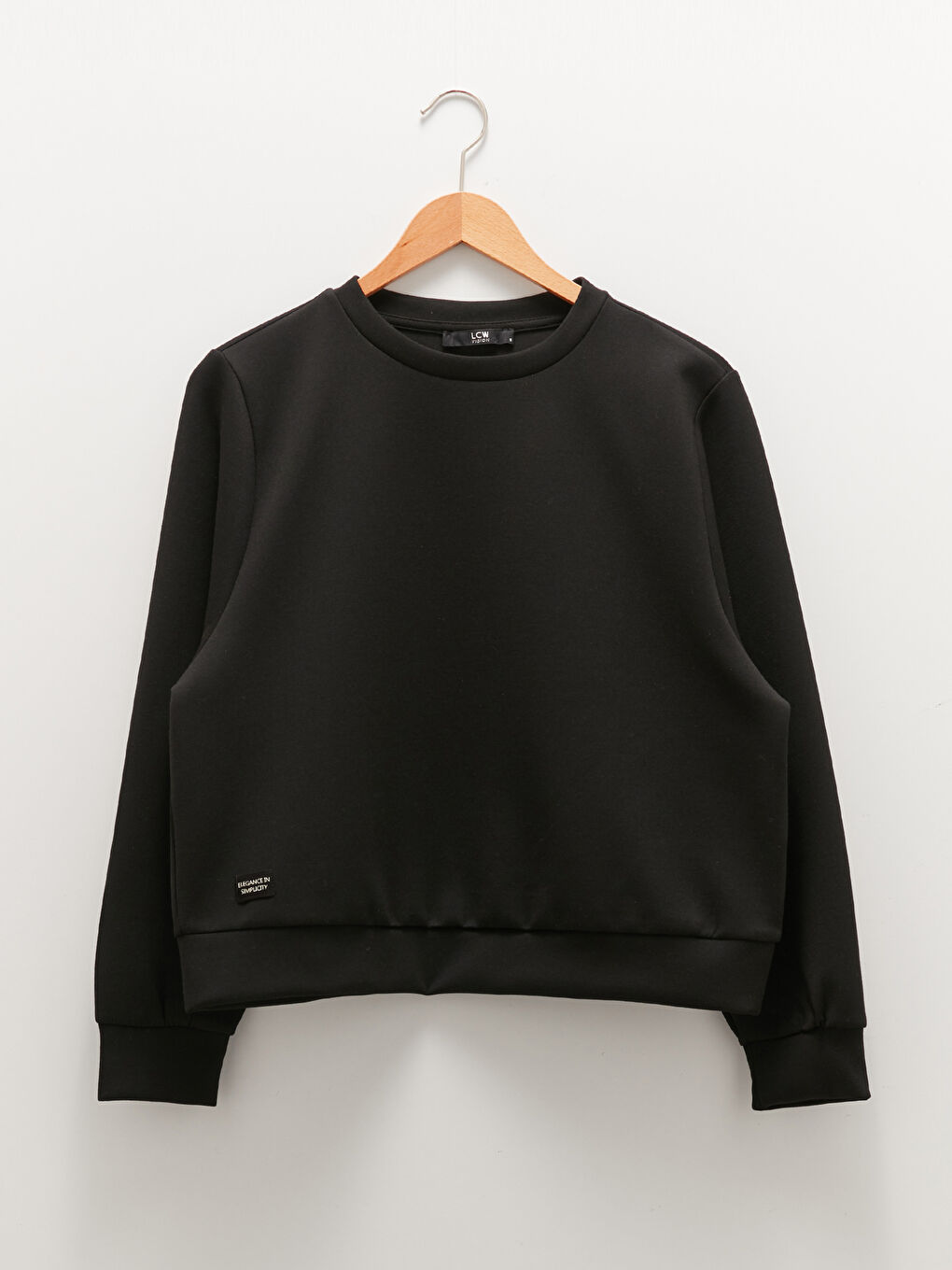 Siyah Bisiklet Yaka Düz Uzun Kollu Kadın Sweatshirt-5