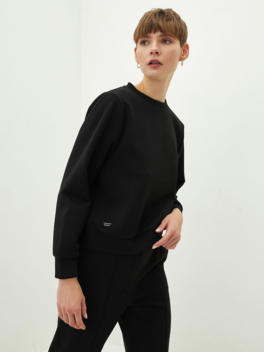 Siyah Bisiklet Yaka Düz Uzun Kollu Kadın Sweatshirt