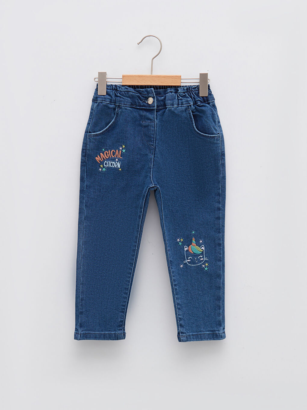 Elastic Waist Embroidery Detailed Baby Girl Denim Trousers