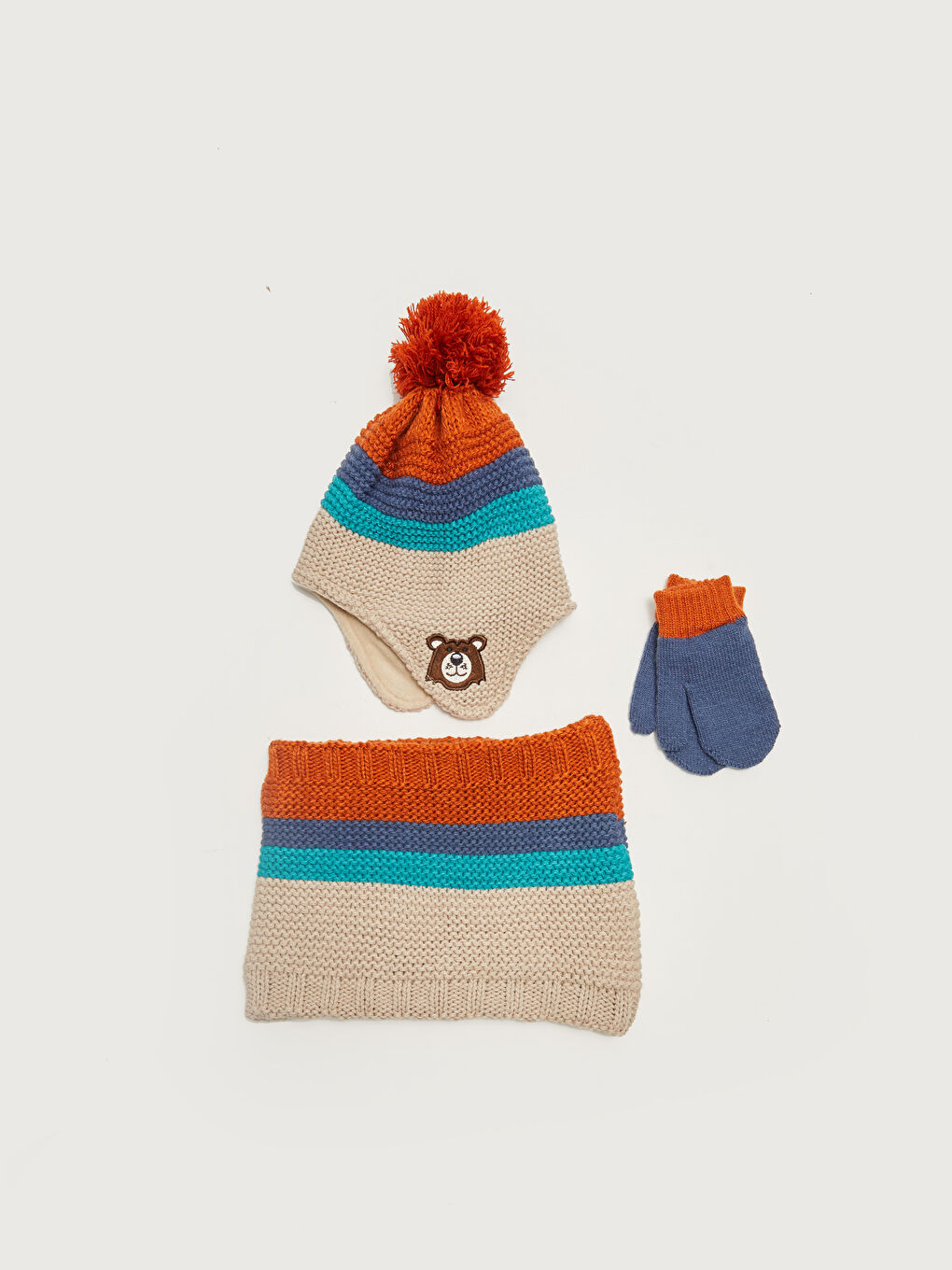 Boy Color Block Knit Beanie Gloves and Snood-3
