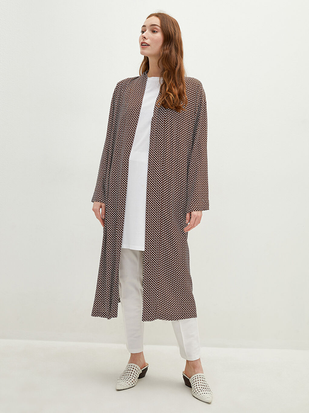 Kahverengi Şal Yaka Desenli Uzun Kollu Oversize Viskon Kadın Kimono-2