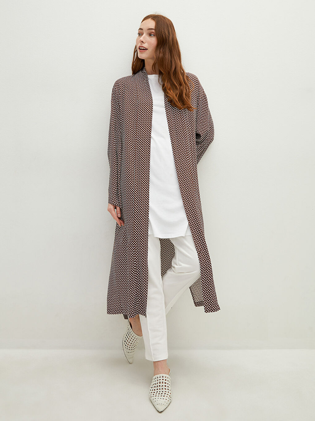 Kahverengi Şal Yaka Desenli Uzun Kollu Oversize Viskon Kadın Kimono-3