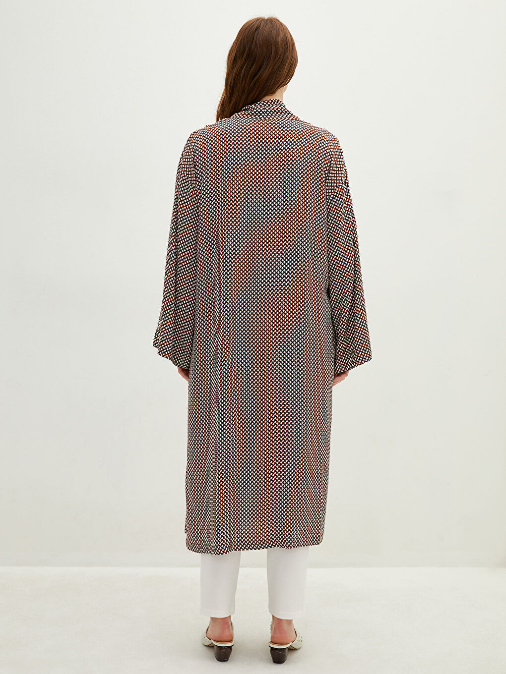 Kahverengi Şal Yaka Desenli Uzun Kollu Oversize Viskon Kadın Kimono-5