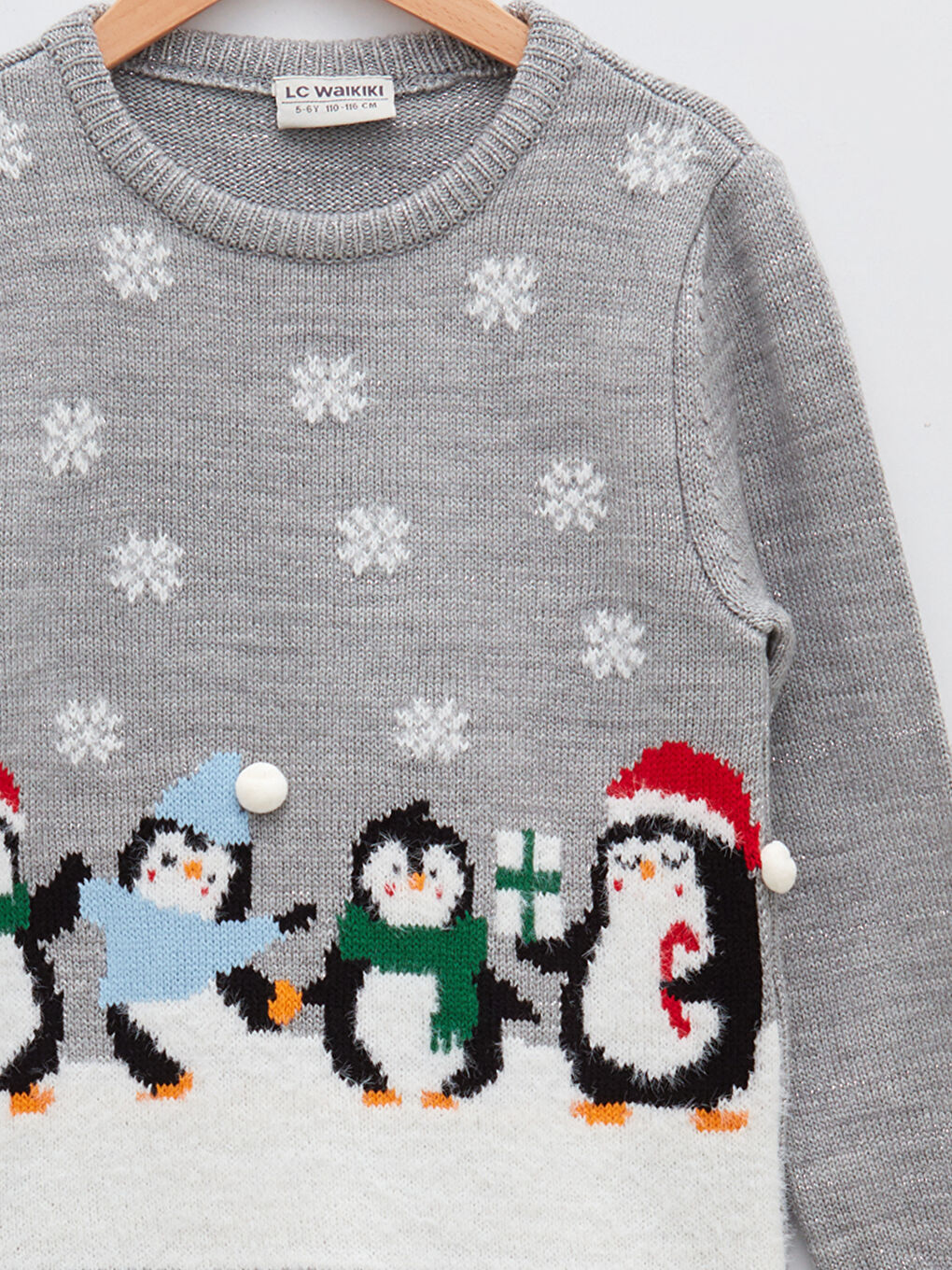 Пуловер с дълъг ръкав за момичета с коледна тематика и кръгло деколте от плътна плетена материя-2