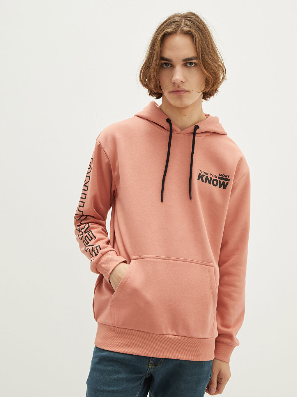 Uzun Kollu Baskılı Erkek Kalın Hoodie-1