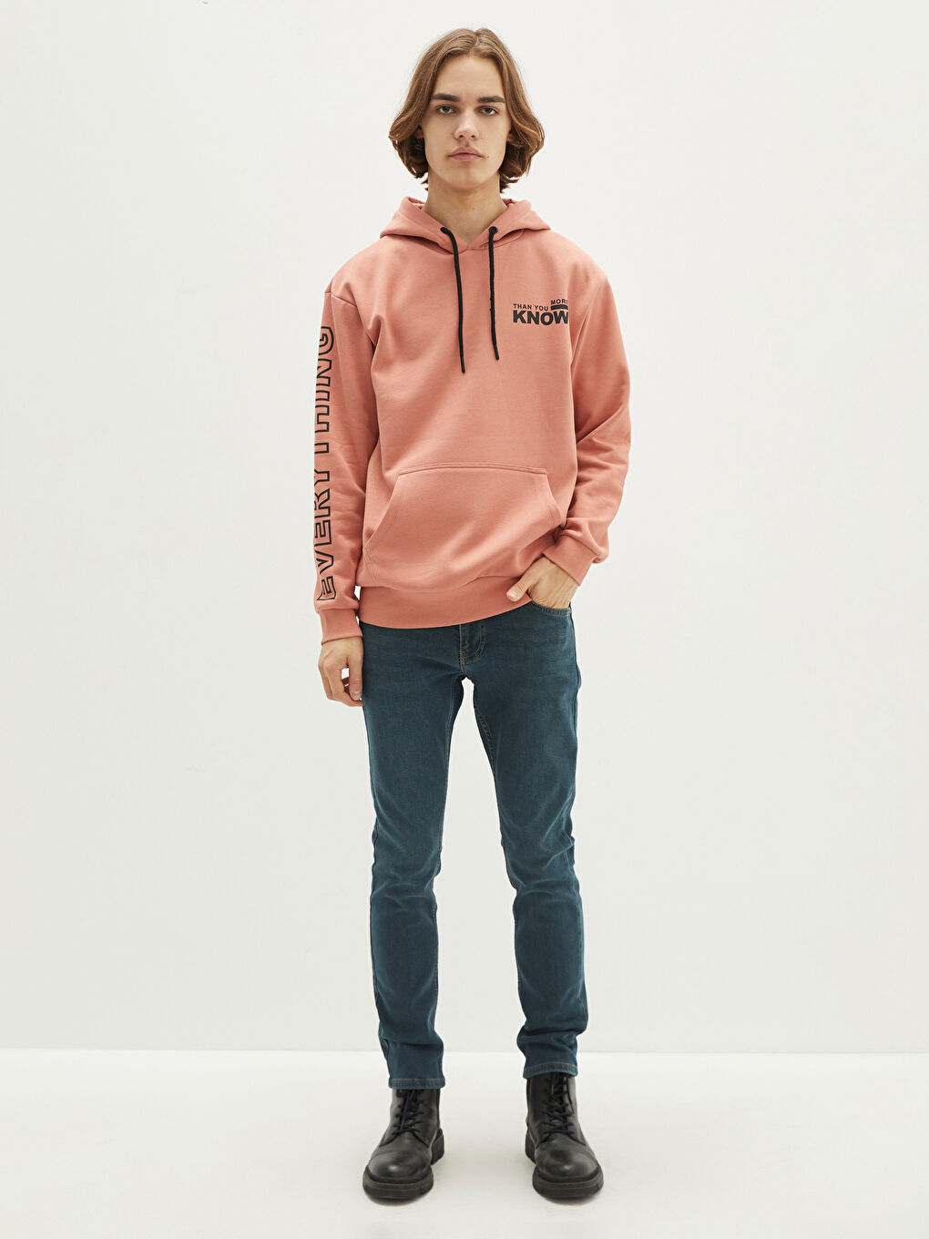 Uzun Kollu Baskılı Erkek Kalın Hoodie-2