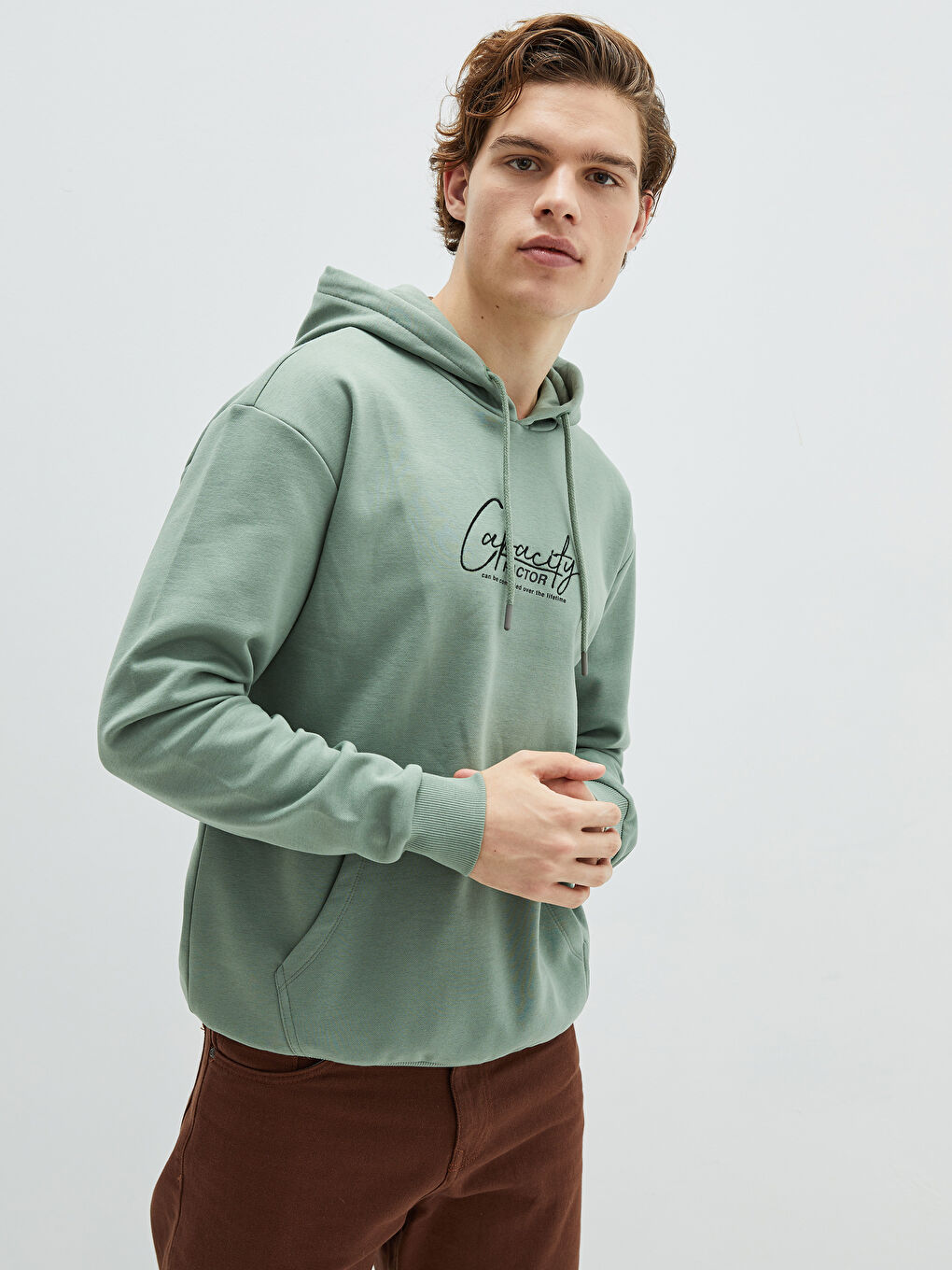 Haki Uzun Kollu Baskılı Erkek Kalın Hoodie