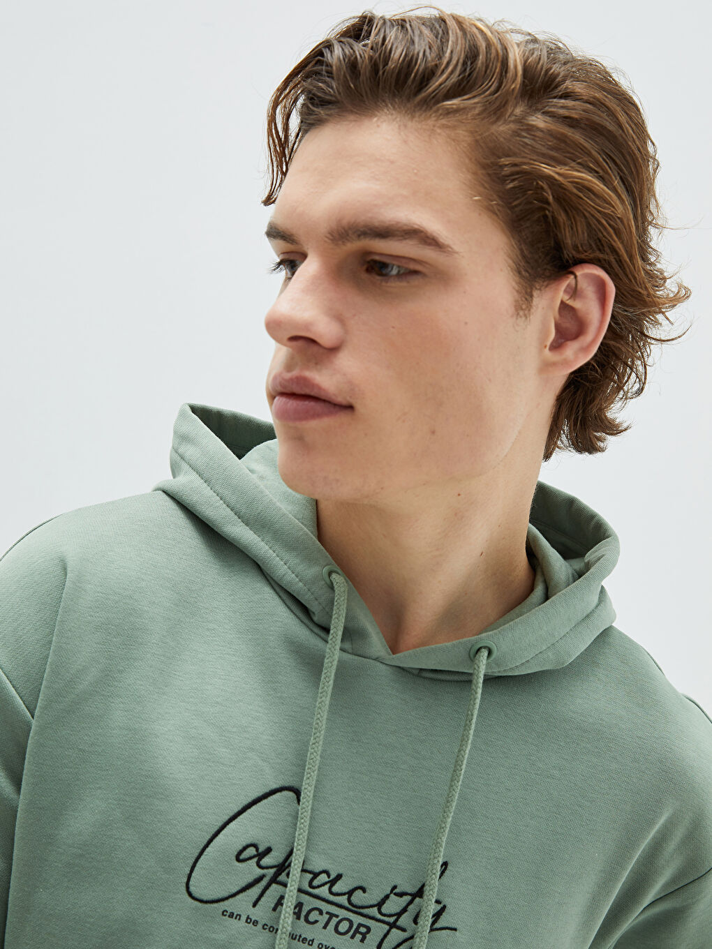 Haki Uzun Kollu Baskılı Erkek Kalın Hoodie-1