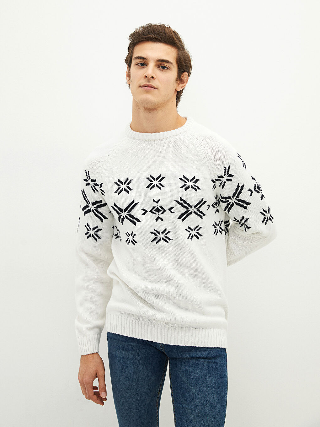 Crew Neck Long Sleeve Patterned Men's Knitwear Sweater