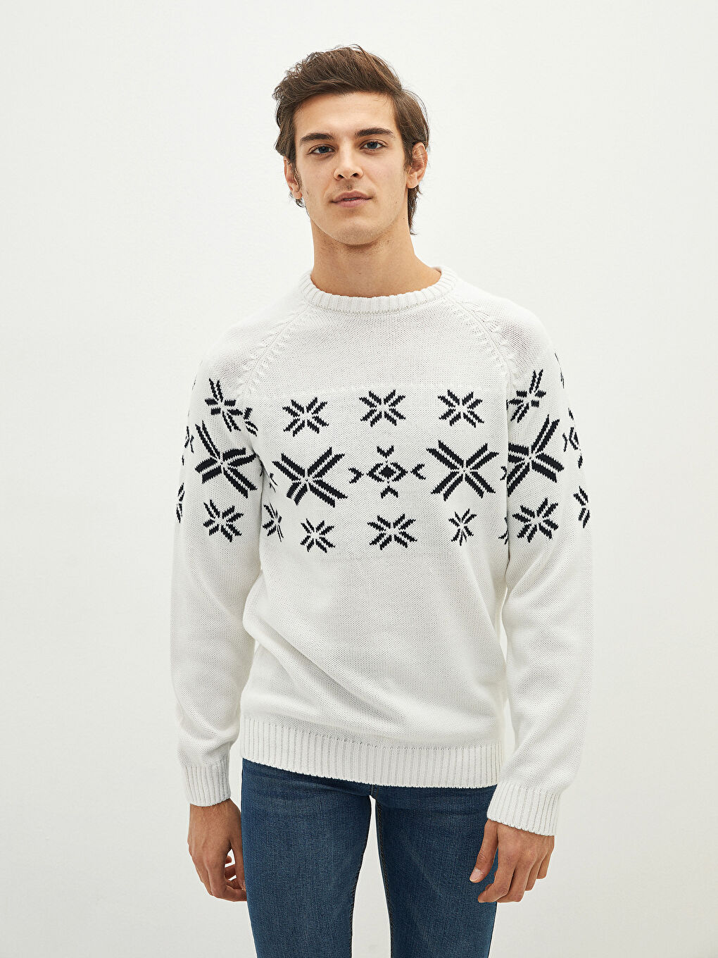 Crew Neck Long Sleeve Patterned Men's Knitwear Sweater-1