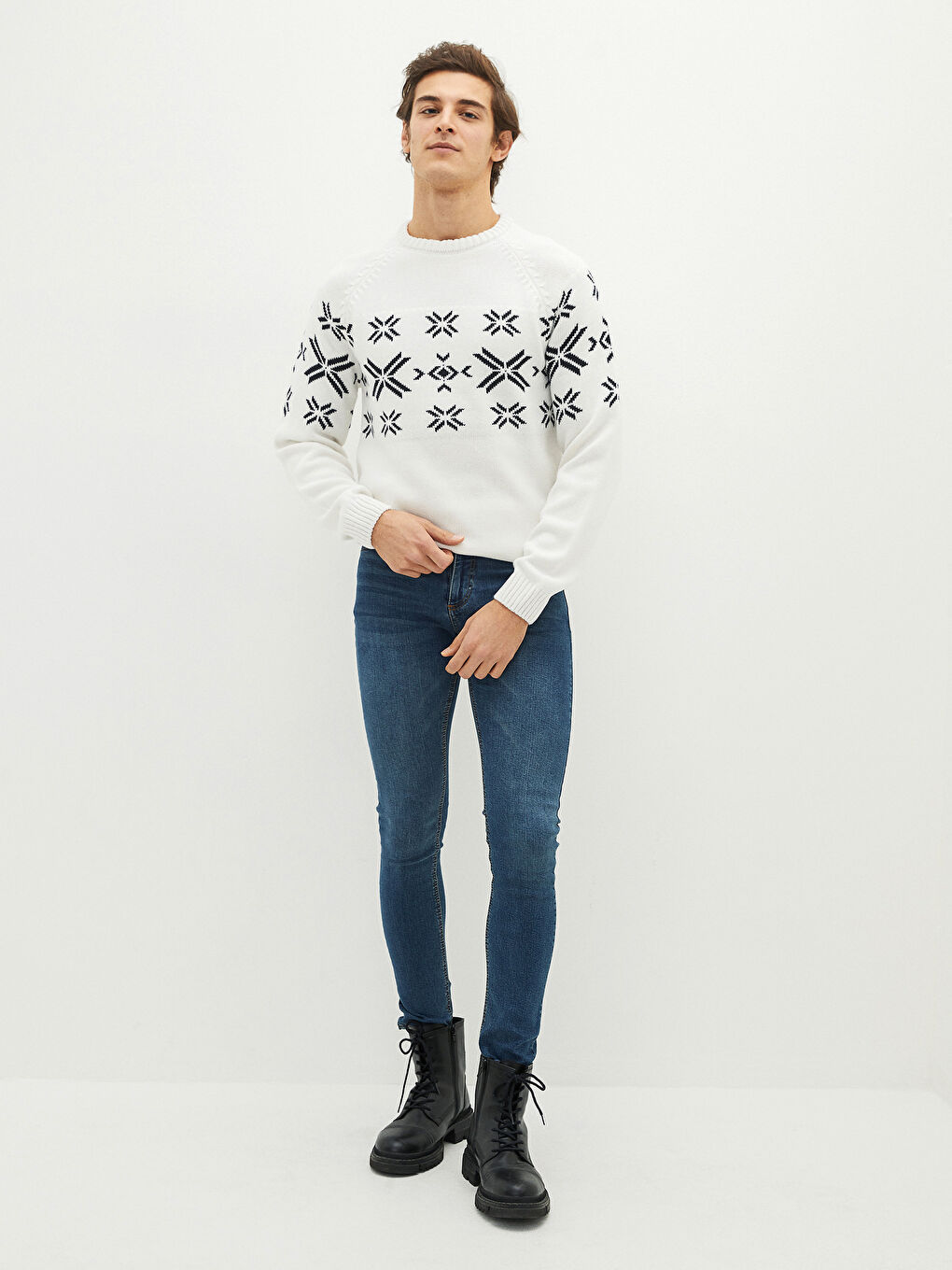 Crew Neck Long Sleeve Patterned Men's Knitwear Sweater-3